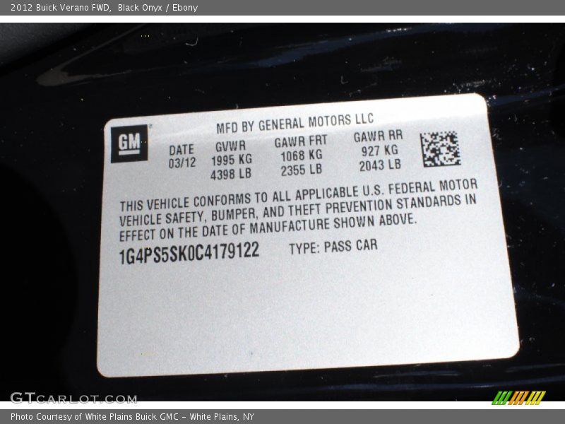Black Onyx / Ebony 2012 Buick Verano FWD