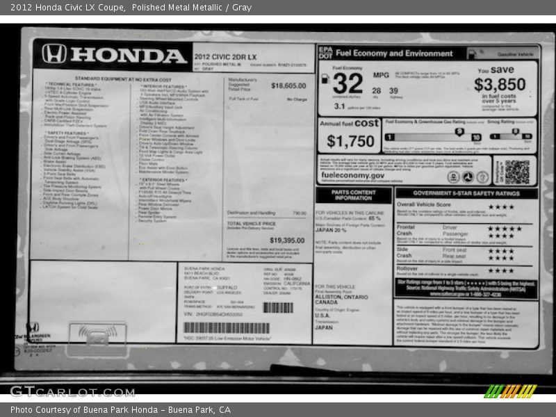 Polished Metal Metallic / Gray 2012 Honda Civic LX Coupe