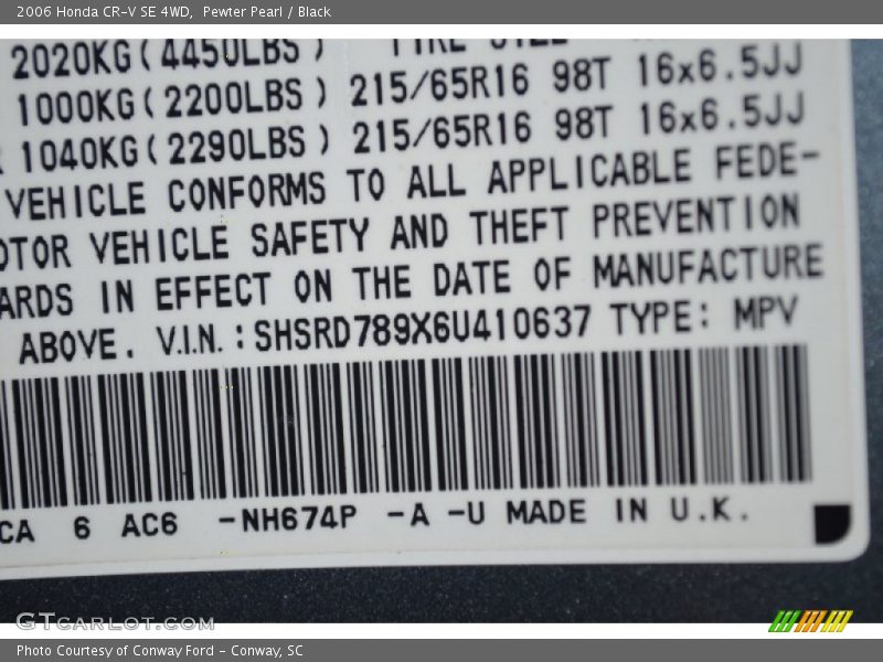 2006 CR-V SE 4WD Pewter Pearl Color Code NH674P