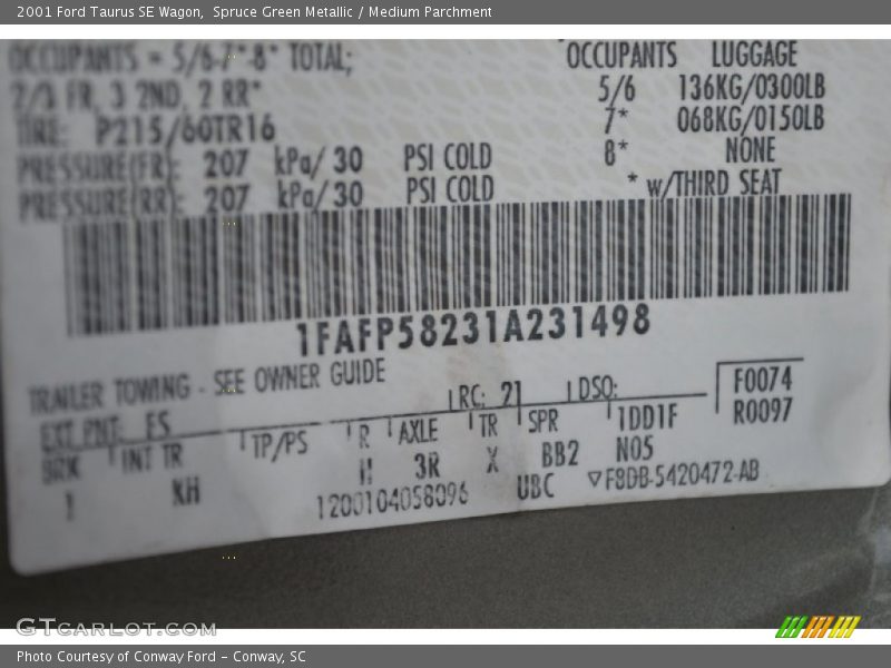 2001 Taurus SE Wagon Spruce Green Metallic Color Code FS