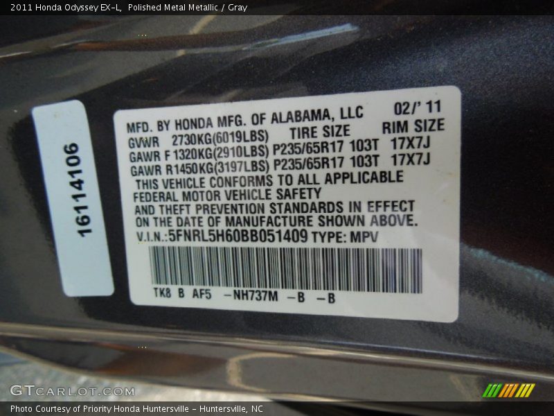 Polished Metal Metallic / Gray 2011 Honda Odyssey EX-L