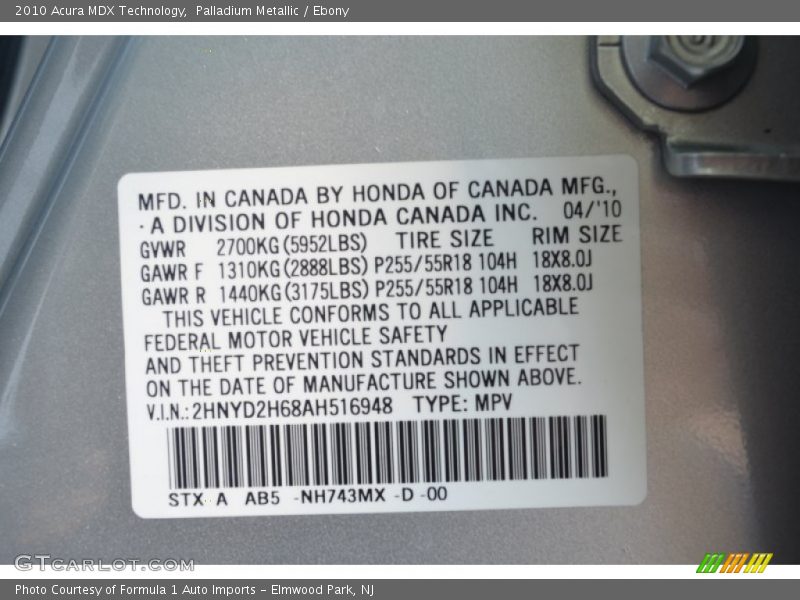 Palladium Metallic / Ebony 2010 Acura MDX Technology
