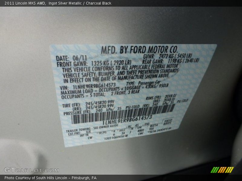 2011 MKS AWD Ingot Silver Metallic Color Code UX