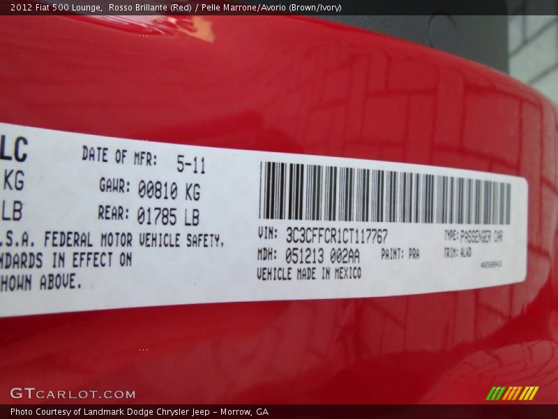 Rosso Brillante (Red) / Pelle Marrone/Avorio (Brown/Ivory) 2012 Fiat 500 Lounge