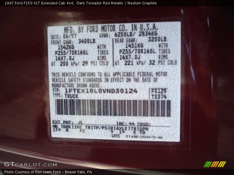 1997 F150 XLT Extended Cab 4x4 Dark Toreador Red Metallic Color Code JL