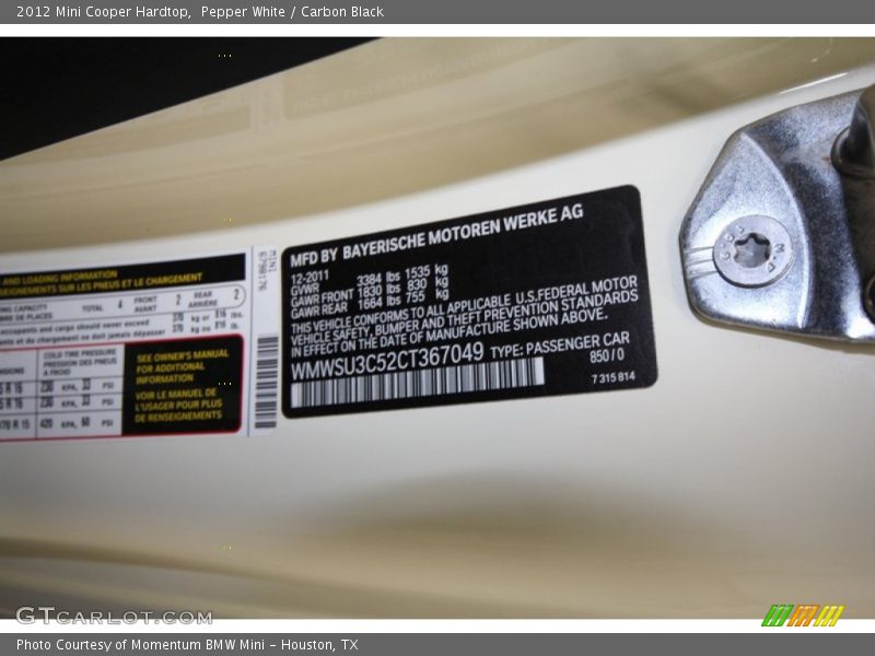Pepper White / Carbon Black 2012 Mini Cooper Hardtop