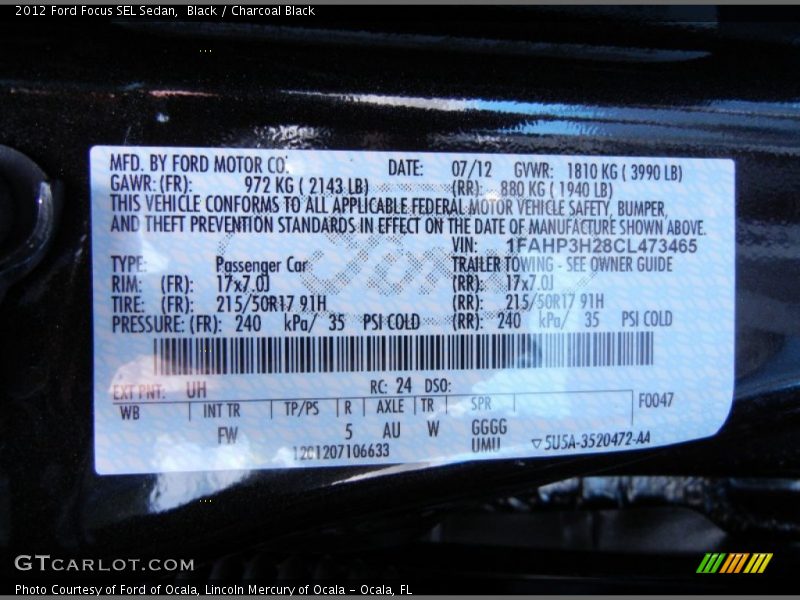 Black / Charcoal Black 2012 Ford Focus SEL Sedan