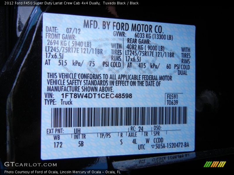 2012 F450 Super Duty Lariat Crew Cab 4x4 Dually Tuxedo Black Color Code UH