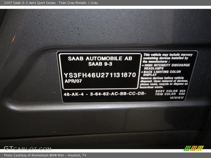 Titan Gray Metallic / Gray 2007 Saab 9-3 Aero Sport Sedan