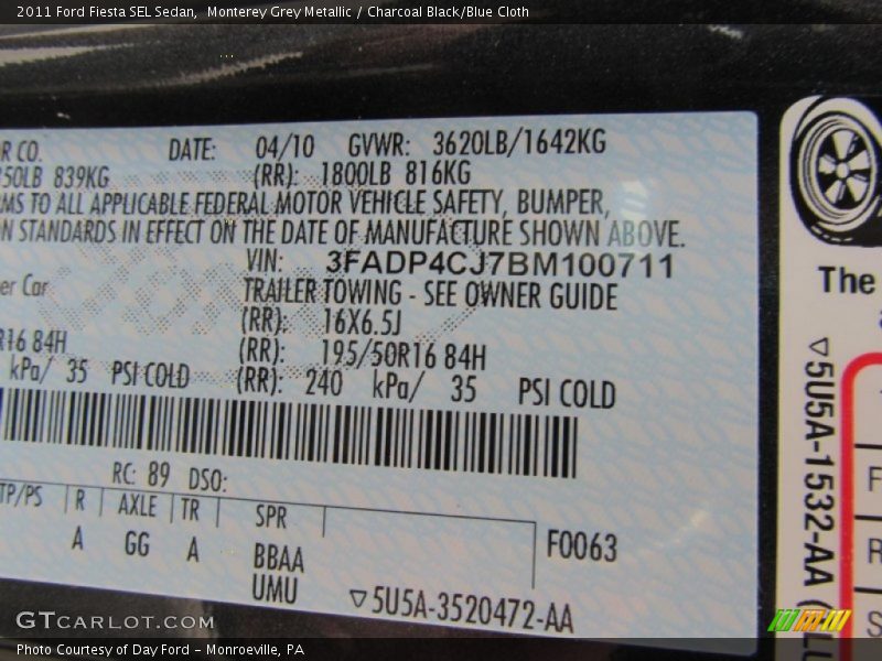 Monterey Grey Metallic / Charcoal Black/Blue Cloth 2011 Ford Fiesta SEL Sedan