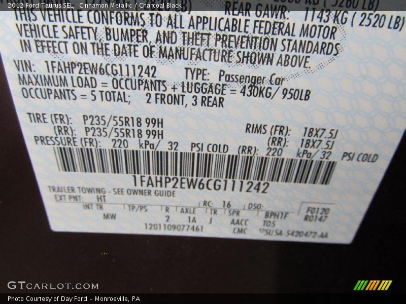 2012 Taurus SEL Cinnamon Metallic Color Code HT