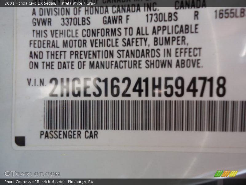 Taffeta White / Gray 2001 Honda Civic DX Sedan