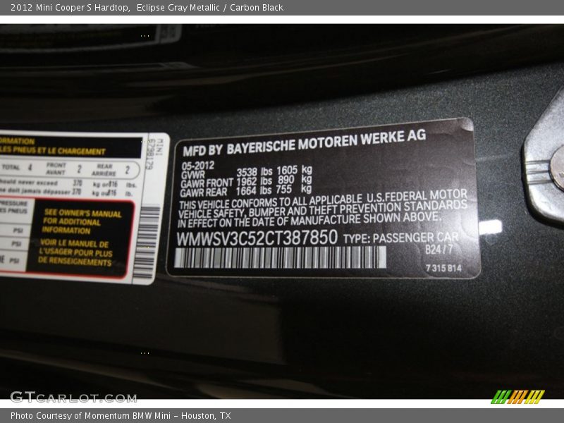 2012 Cooper S Hardtop Eclipse Gray Metallic Color Code B24
