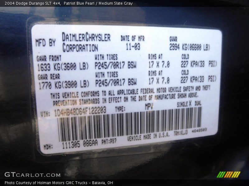 2004 Durango SLT 4x4 Patriot Blue Pearl Color Code PB7