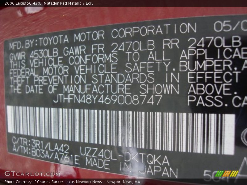 Matador Red Metallic / Ecru 2006 Lexus SC 430