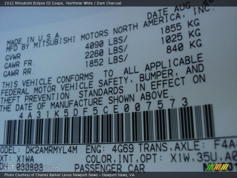 2012 Eclipse GS Coupe Northstar White Color Code X1W