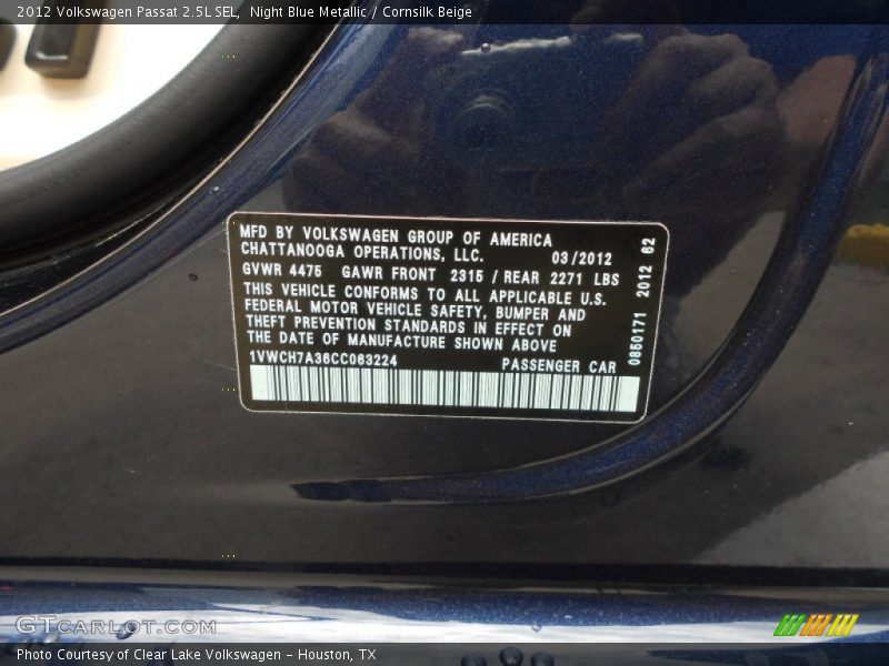 Night Blue Metallic / Cornsilk Beige 2012 Volkswagen Passat 2.5L SEL