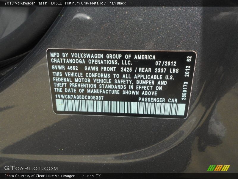 Platinum Gray Metallic / Titan Black 2013 Volkswagen Passat TDI SEL