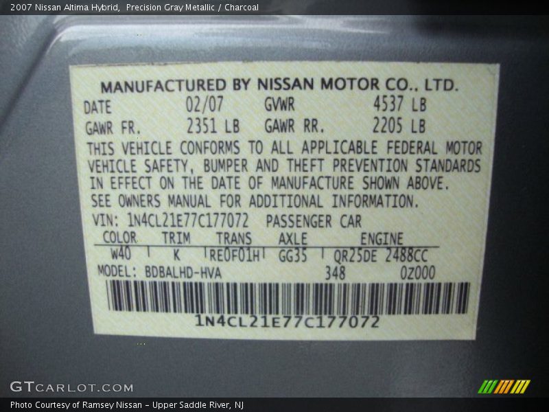 Precision Gray Metallic / Charcoal 2007 Nissan Altima Hybrid