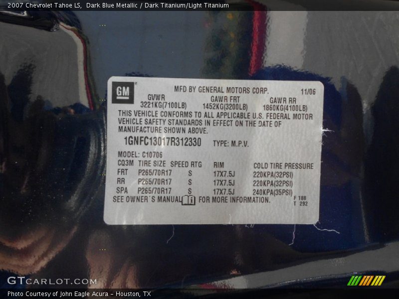 Dark Blue Metallic / Dark Titanium/Light Titanium 2007 Chevrolet Tahoe LS