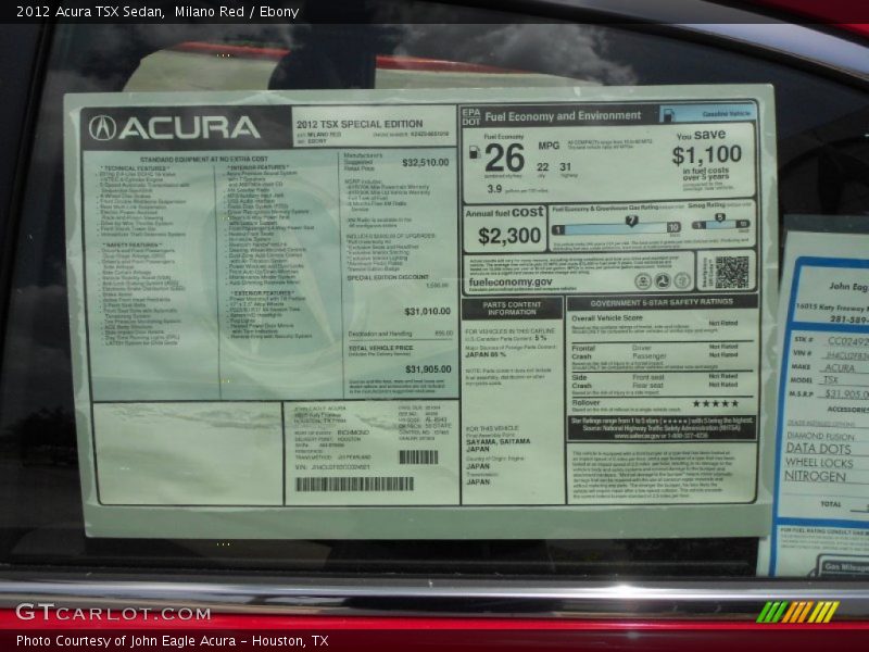  2012 TSX Sedan Window Sticker