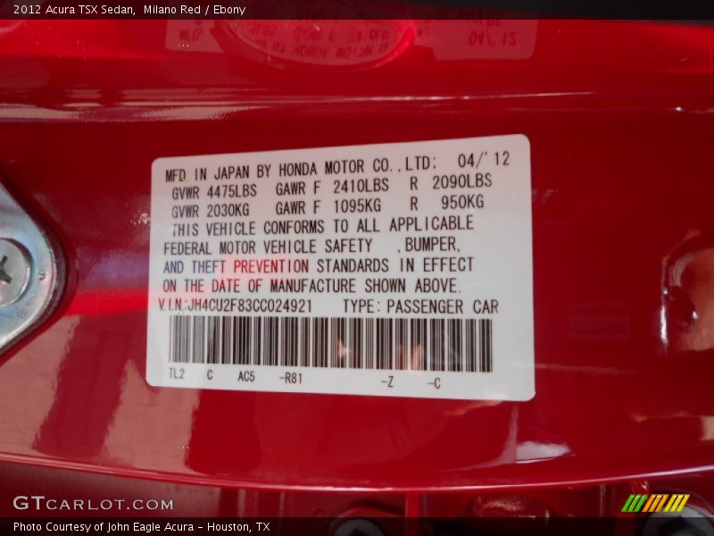 2012 TSX Sedan Milano Red Color Code R81