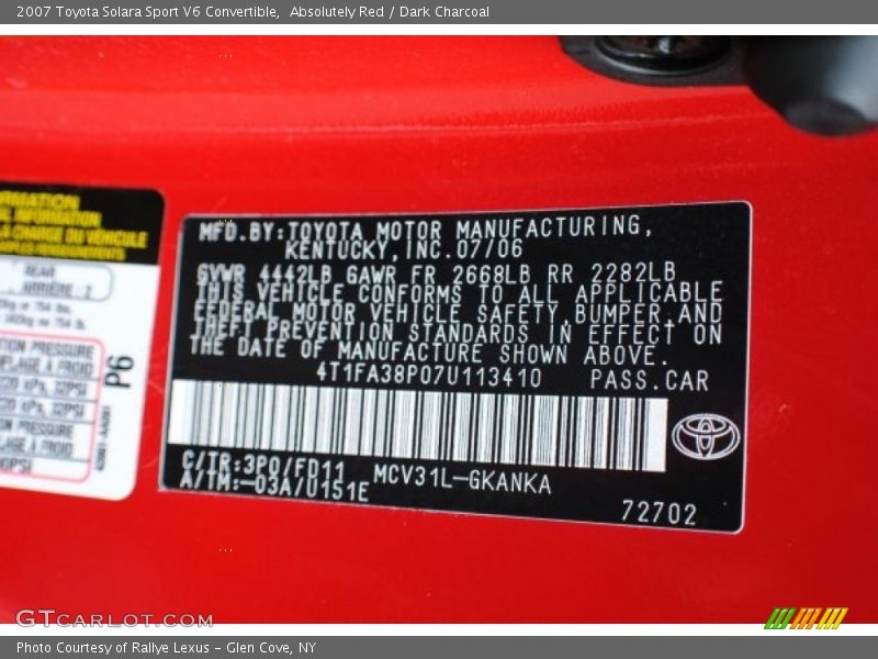 2007 Solara Sport V6 Convertible Absolutely Red Color Code 3P0