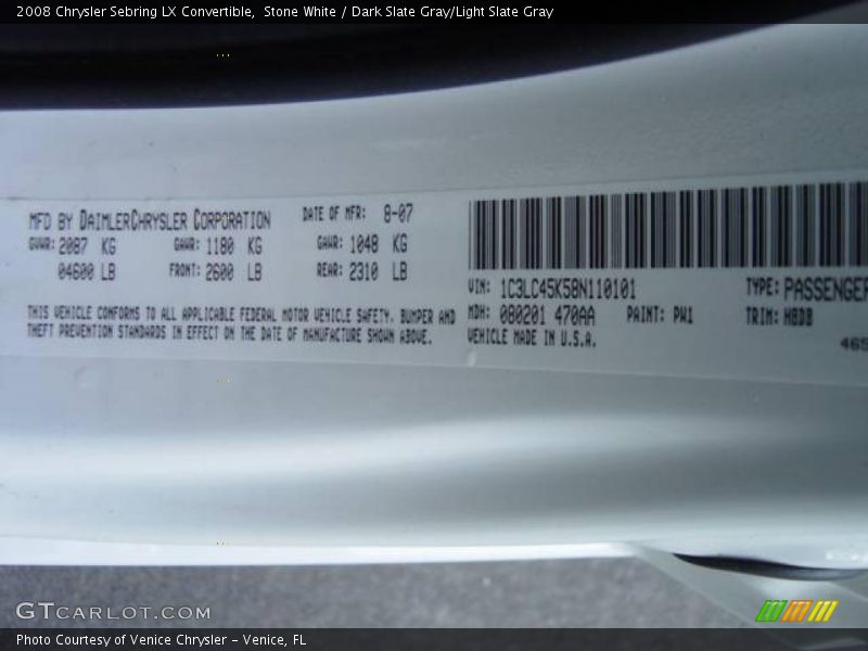 Stone White / Dark Slate Gray/Light Slate Gray 2008 Chrysler Sebring LX Convertible