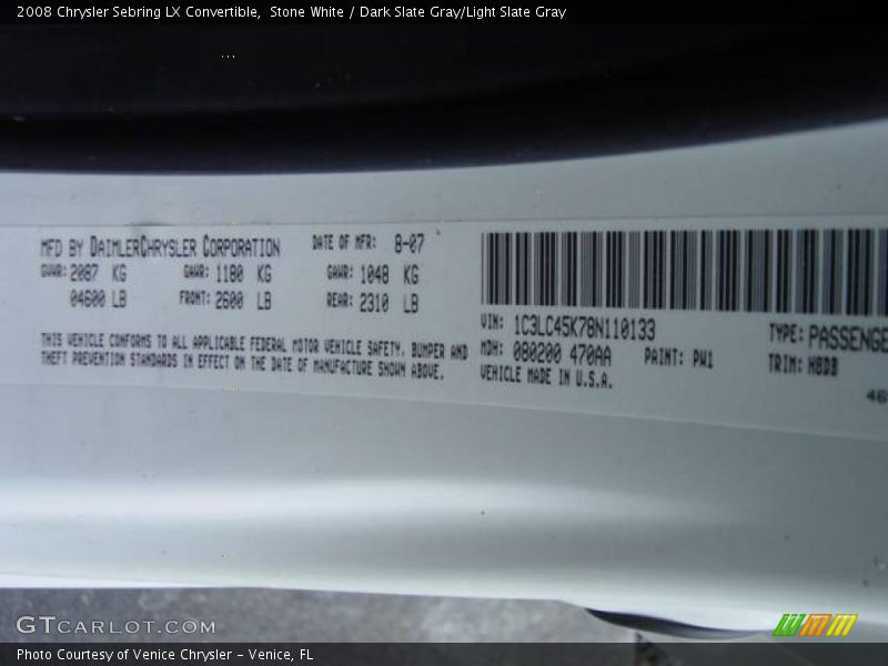 Stone White / Dark Slate Gray/Light Slate Gray 2008 Chrysler Sebring LX Convertible