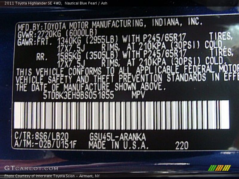 Nautical Blue Pearl / Ash 2011 Toyota Highlander SE 4WD