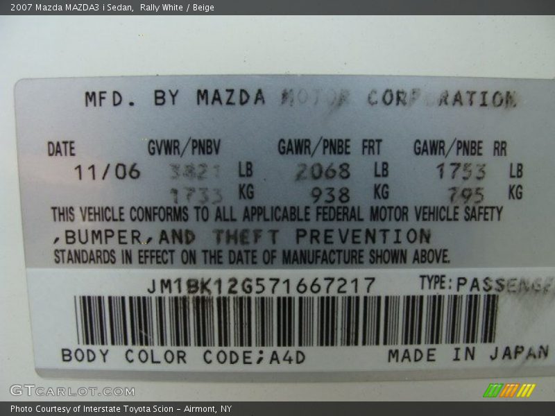Rally White / Beige 2007 Mazda MAZDA3 i Sedan