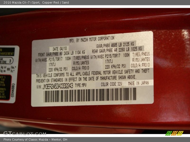 2010 CX-7 i Sport Copper Red Color Code 32V