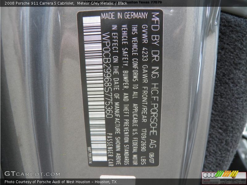 Meteor Grey Metallic / Black 2008 Porsche 911 Carrera S Cabriolet