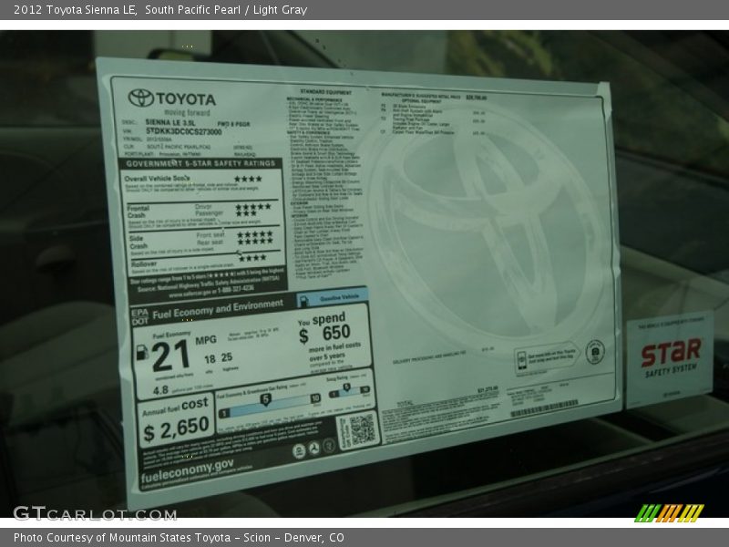 South Pacific Pearl / Light Gray 2012 Toyota Sienna LE