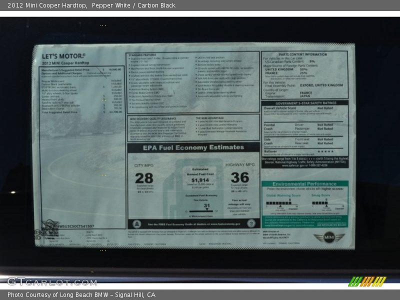 Pepper White / Carbon Black 2012 Mini Cooper Hardtop