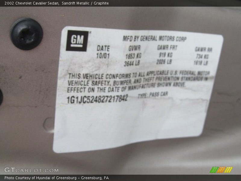 Sandrift Metallic / Graphite 2002 Chevrolet Cavalier Sedan