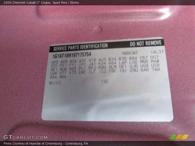 2009 Cobalt LT Coupe Sport Red Color Code 19C
