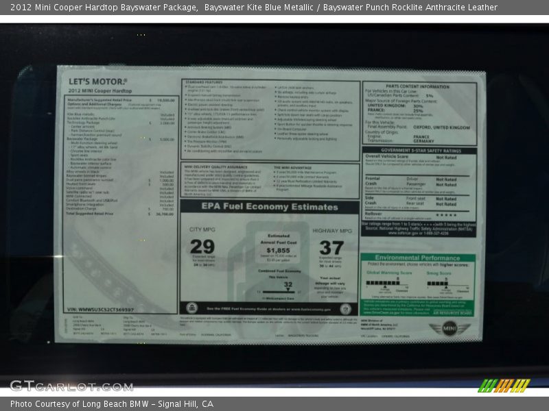  2012 Cooper Hardtop Bayswater Package Window Sticker