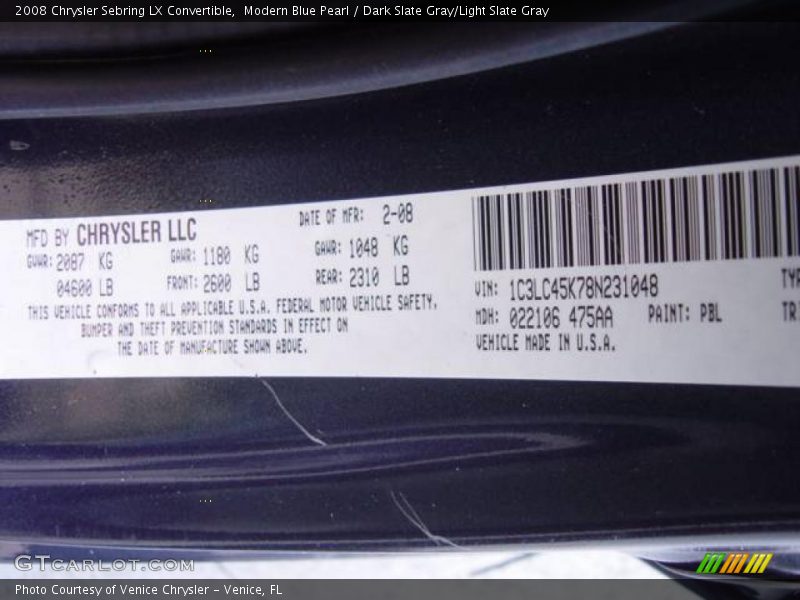 Modern Blue Pearl / Dark Slate Gray/Light Slate Gray 2008 Chrysler Sebring LX Convertible