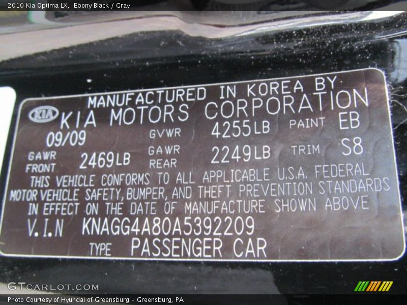 Ebony Black / Gray 2010 Kia Optima LX