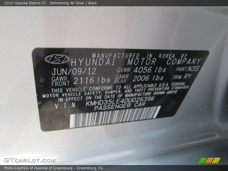 2013 Elantra GT Shimmering Air Silver Color Code N3S