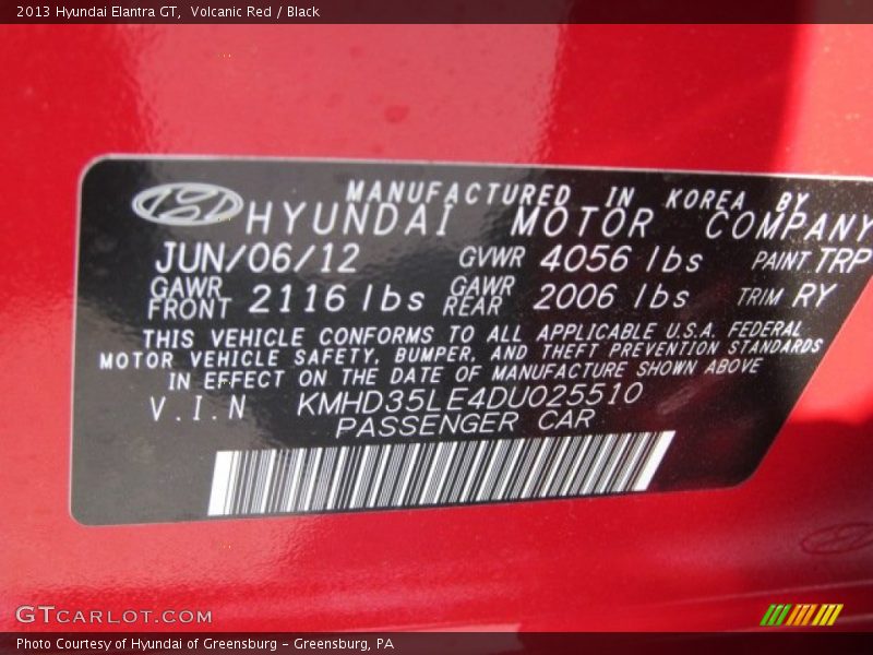 2013 Elantra GT Volcanic Red Color Code TRP
