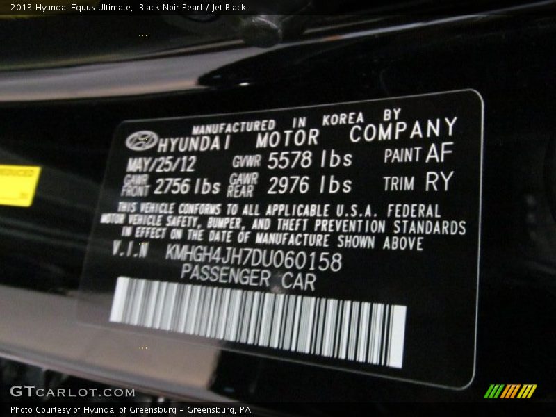 2013 Equus Ultimate Black Noir Pearl Color Code AF