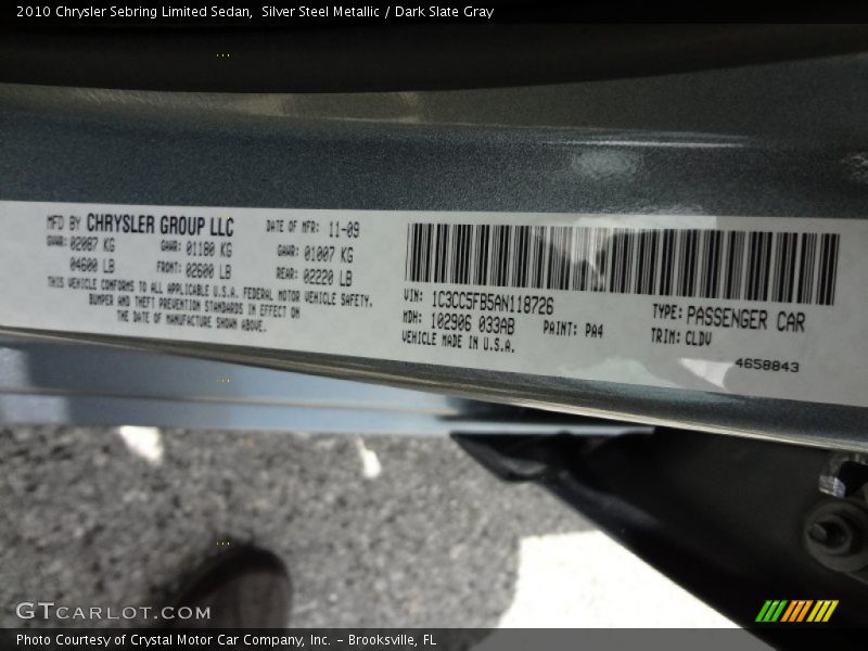 Silver Steel Metallic / Dark Slate Gray 2010 Chrysler Sebring Limited Sedan