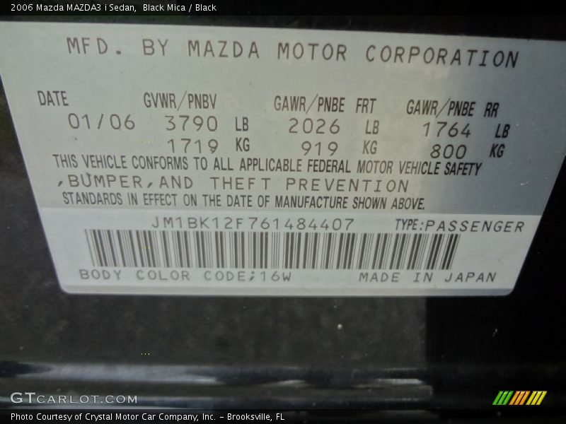 2006 MAZDA3 i Sedan Black Mica Color Code 16W
