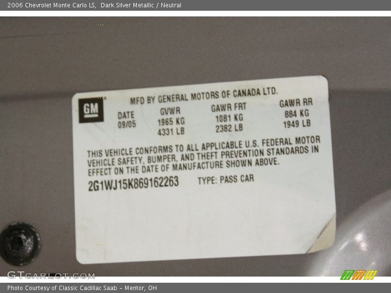 Info Tag of 2006 Monte Carlo LS