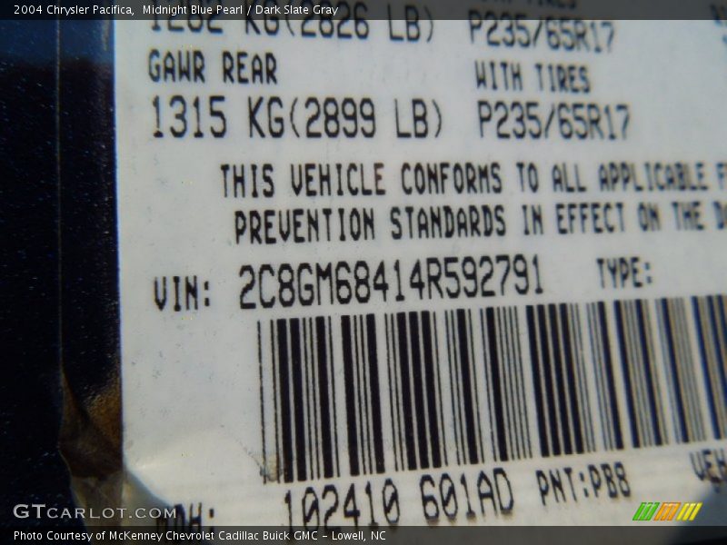 2004 Pacifica  Midnight Blue Pearl Color Code PB8