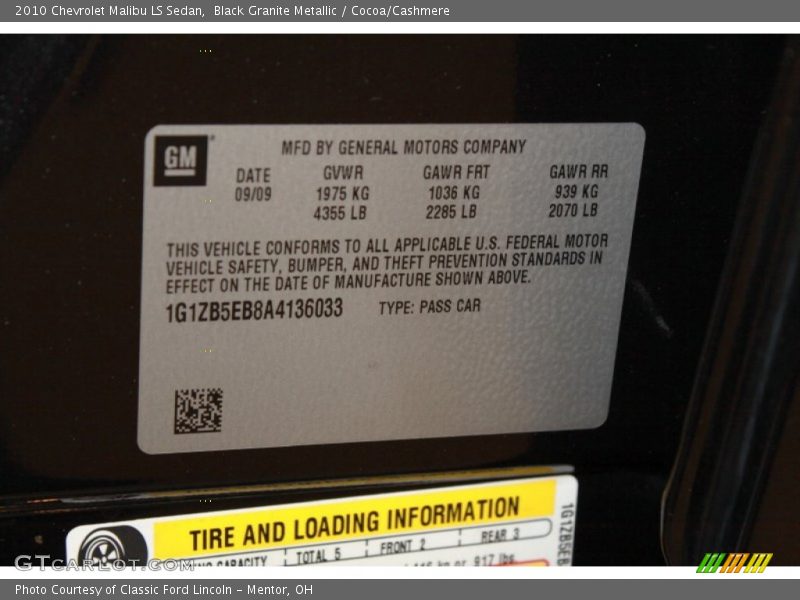 Black Granite Metallic / Cocoa/Cashmere 2010 Chevrolet Malibu LS Sedan