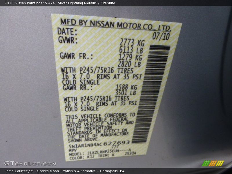 Silver Lightning Metallic / Graphite 2010 Nissan Pathfinder S 4x4