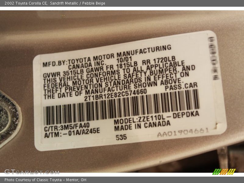 Sandrift Metallic / Pebble Beige 2002 Toyota Corolla CE